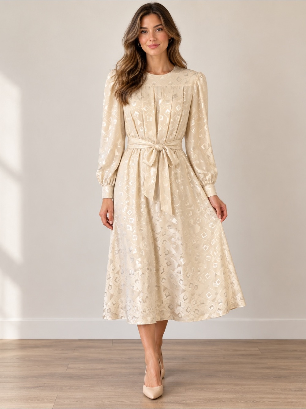 Vintage 80s Handmade Cream Jacquard Tie-Waist Midi Dress Size S Holiday Wedding